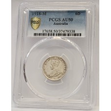 AUSTRALIA 1918 . SIXPENCE . PCGS AU50
